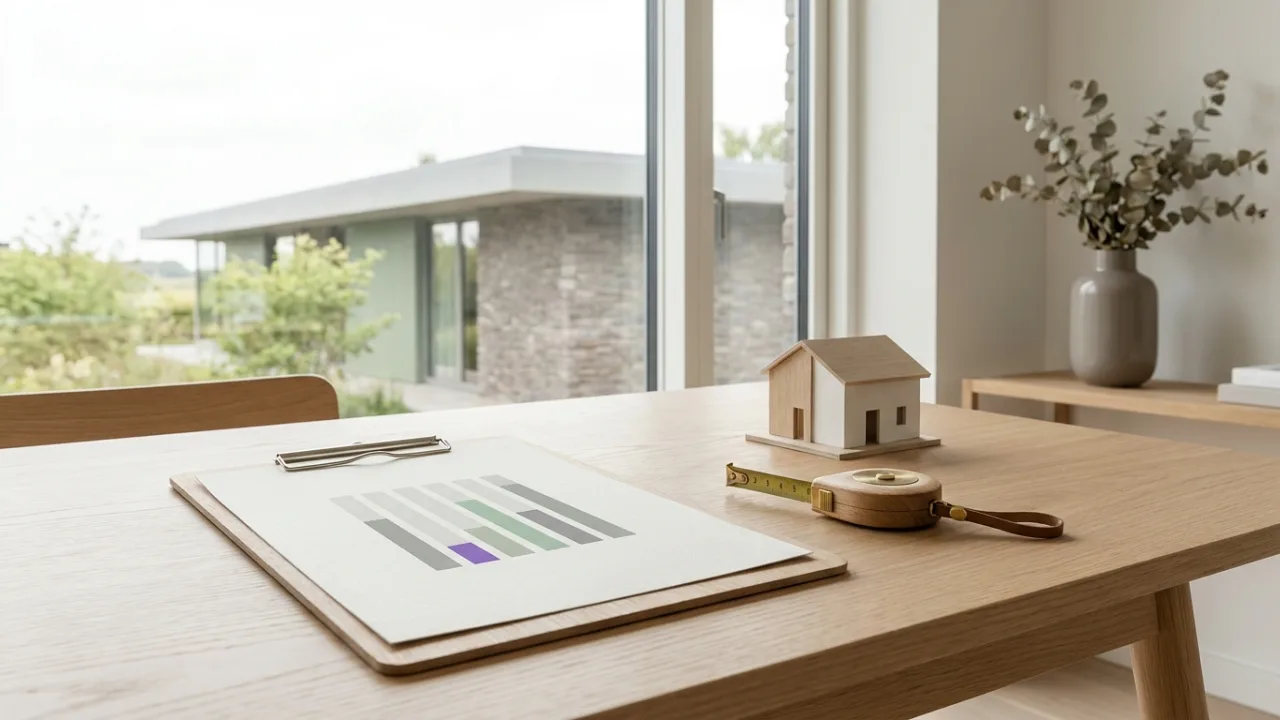 Klemmbrett mit Diagramm, Maßband und Modellhaus auf einem Schreibtisch, Symbol für Immobilienbewertung