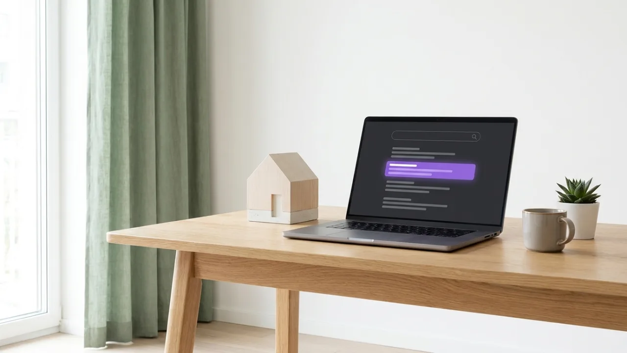 Laptop mit abstrakter Suchergebnisseite und hervorgehobenem Treffer, daneben ein Modellhaus, Symbol für SEO für Immobilienmakler