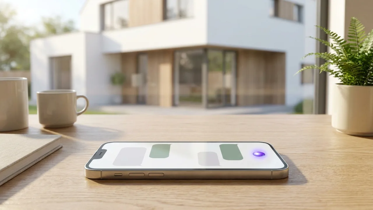 Smartphone mit KI-Chat auf einem Schreibtisch, im Hintergrund unscharf ein modernes weißes Einfamilienhaus