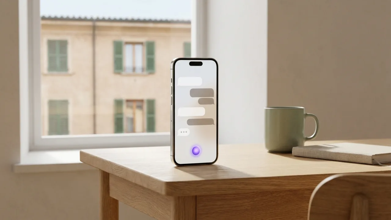 Smartphone mit KI-Chat auf einem Schreibtisch, im Hintergrund unscharf ein saniertes Altbau-Mehrfamilienhaus