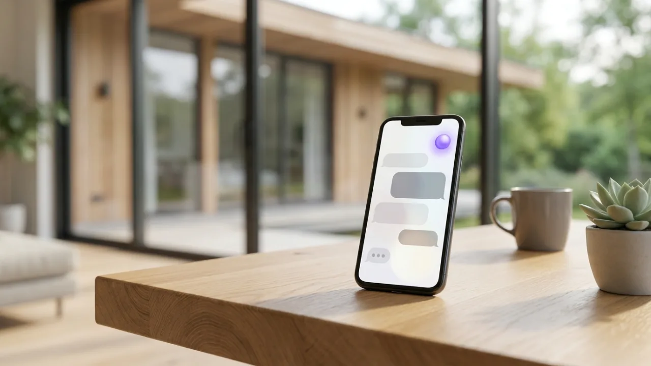 Smartphone mit KI-Chat auf einem Schreibtisch, im Hintergrund unscharf eine Villa aus Holz und Glas