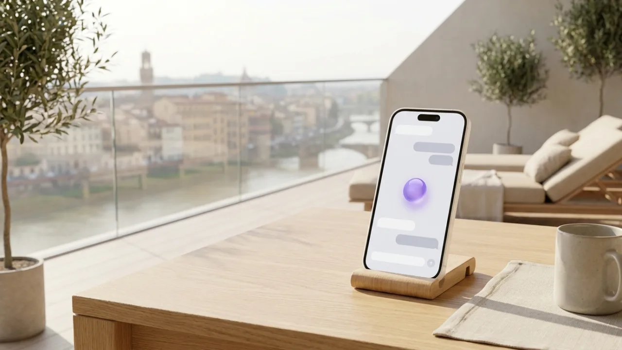 Smartphone mit KI-Chat auf einem Schreibtisch, im Hintergrund unscharf eine Penthouse-Terrasse über einer Stadt
