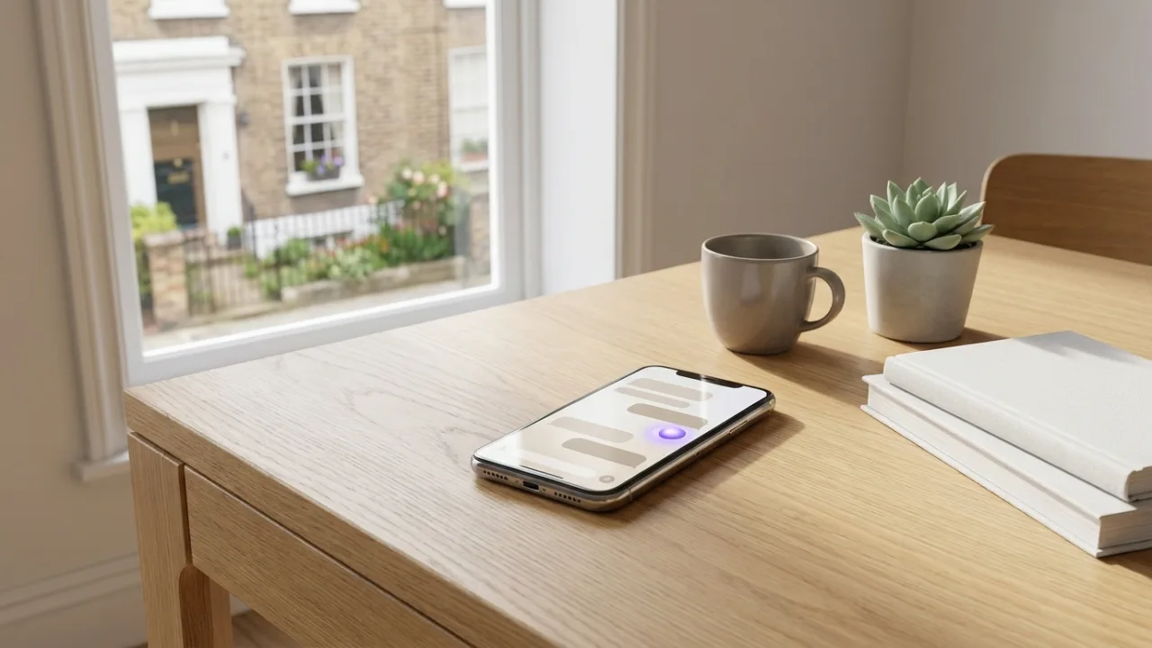 Smartphone mit KI-Chat auf einem Schreibtisch, im Hintergrund unscharf ein klassisches Backsteinhaus
