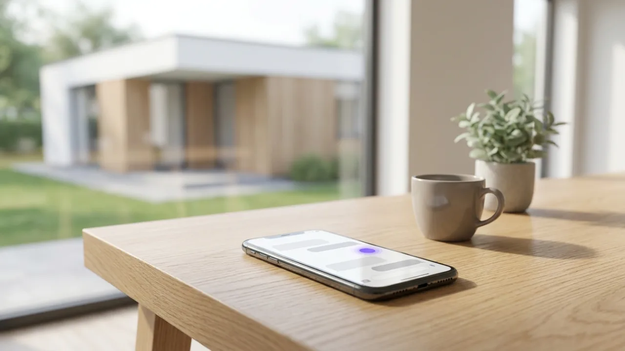 Smartphone mit KI-Chat auf einem Schreibtisch, im Hintergrund unscharf ein Flachdach-Bungalow mit Garten