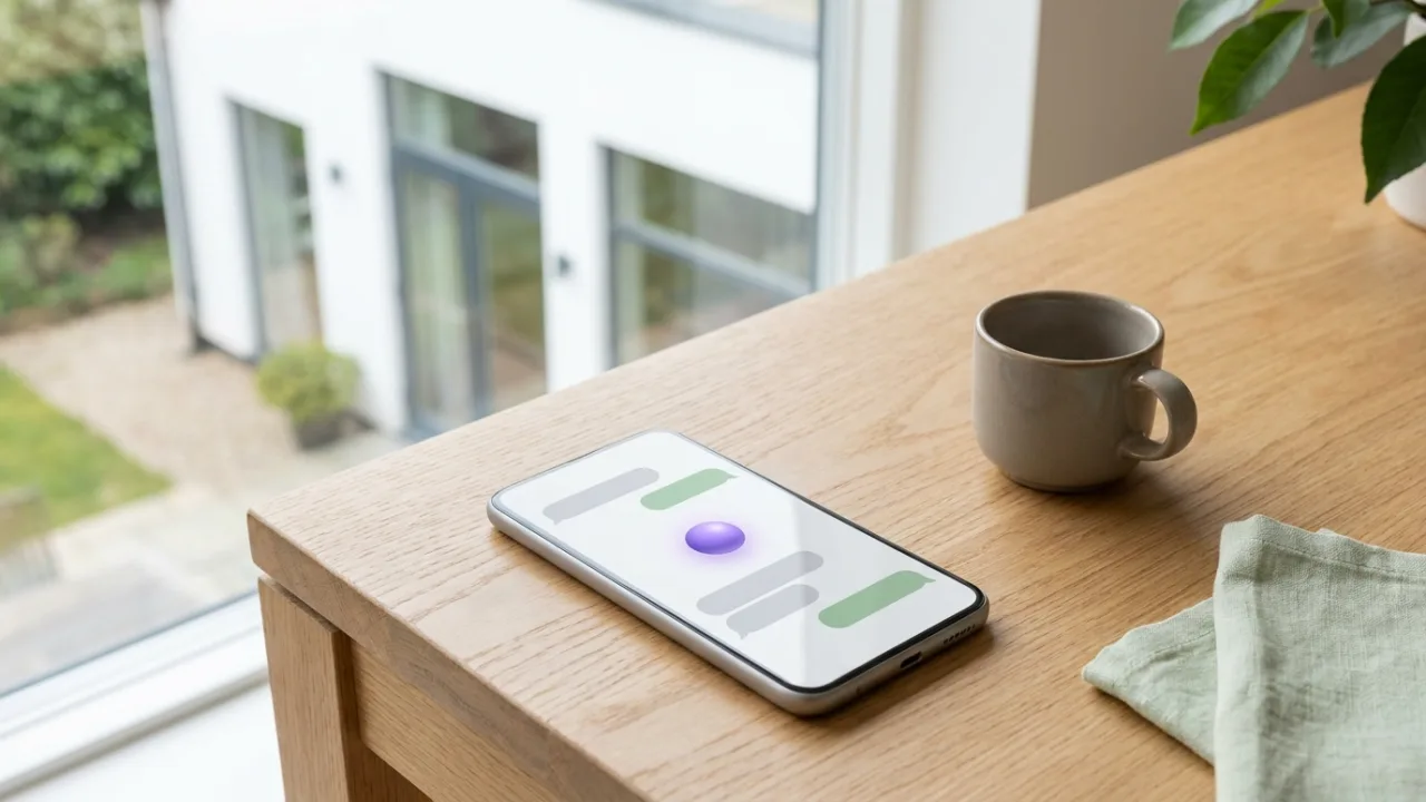 Smartphone mit KI-Chat auf einem Schreibtisch, im Hintergrund unscharf ein modernes weißes Einfamilienhaus