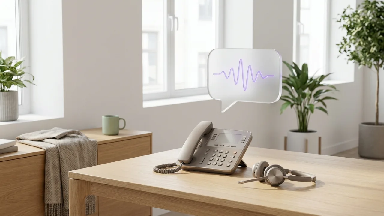 Telefon und Headset auf einem Schreibtisch mit schwebender Sprechblase, Symbol für KI-Telefonassistenz