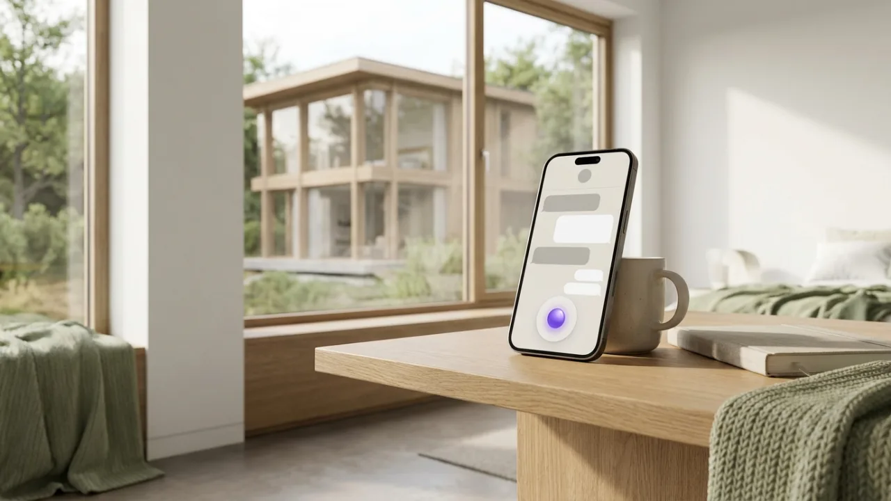 Smartphone mit KI-Chat auf einem Schreibtisch, im Hintergrund unscharf eine Villa aus Holz und Glas