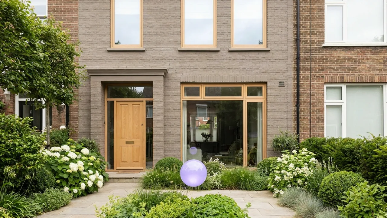 ein modernes weißes Einfamilienhaus mit schwebendem lila Lichtpunkt, Symbol für KI im Immobilienbüro