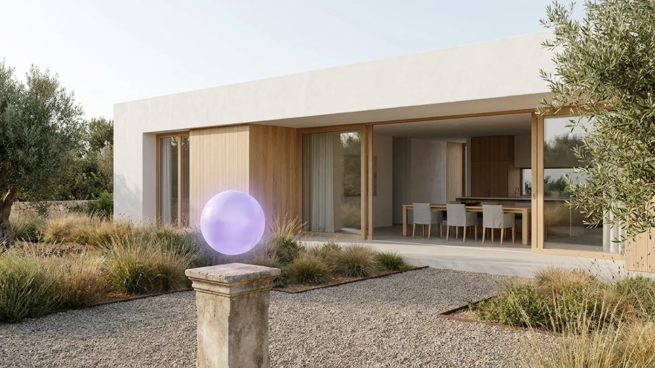 ein saniertes Altbau-Mehrfamilienhaus mit schwebendem lila Lichtpunkt, Symbol für KI im Immobilienbüro
