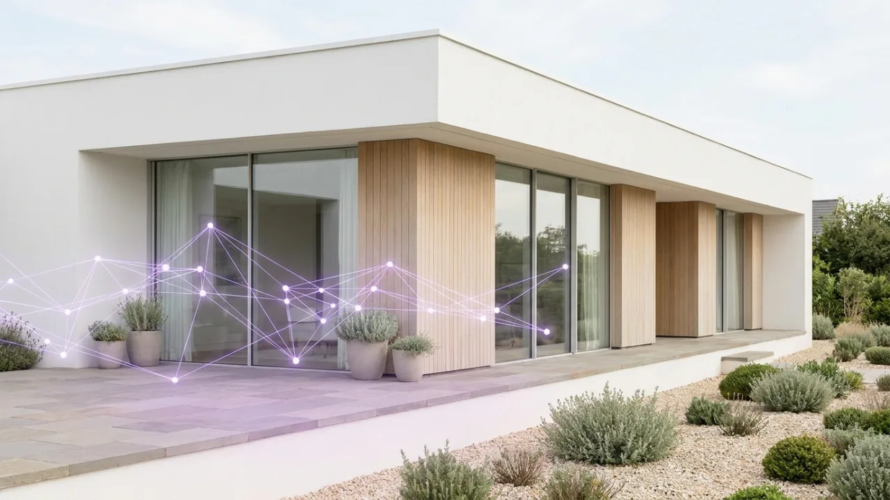 Modernes Haus mit schwebendem Netzwerk aus Linien und Knoten, Symbol für die Digitalisierung der Immobilienbranche
