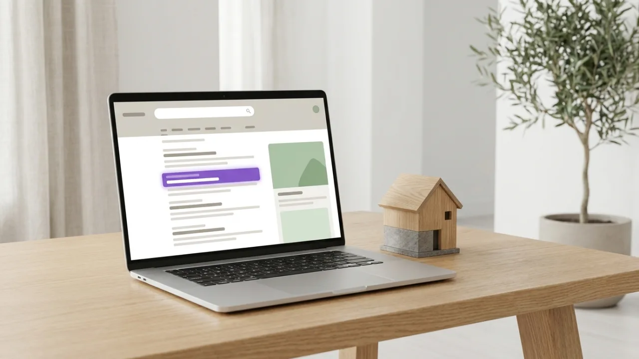 Laptop mit abstrakter Suchergebnisseite und hervorgehobenem Treffer, daneben ein Modellhaus, Symbol für SEO für Immobilienmakler