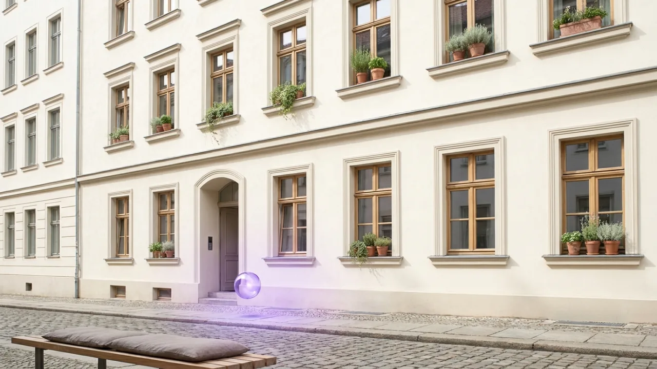 eine Penthouse-Terrasse über einer Stadt mit schwebendem lila Lichtpunkt, Symbol für KI im Immobilienbüro