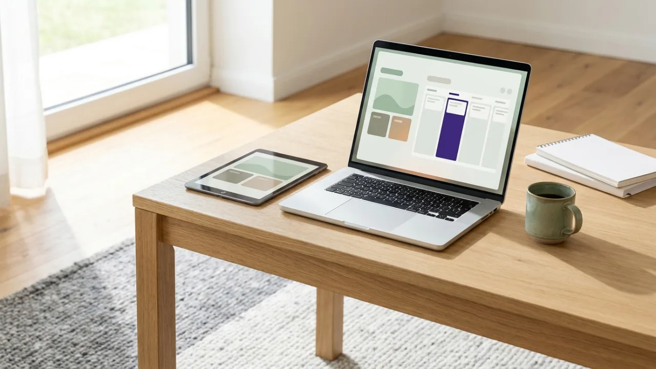Laptop und Tablet mit abstraktem Dashboard und Pipeline-Ansicht, Symbol für Makler-Software und CRM
