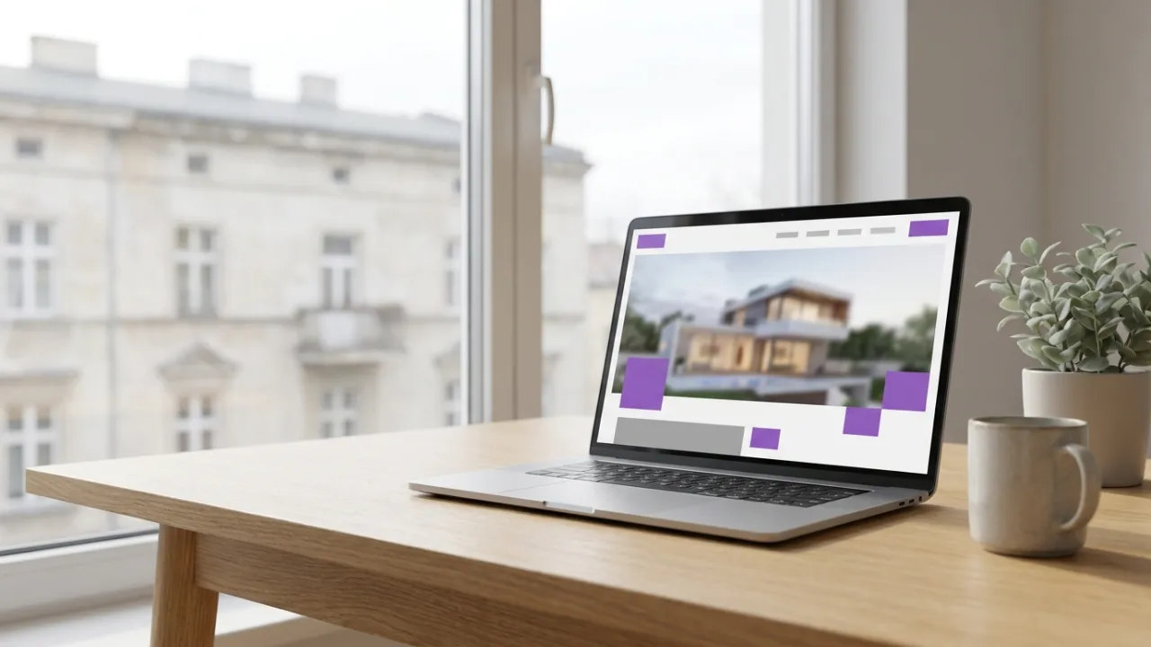 Laptop mit eleganter Immobilien-Website auf einem Schreibtisch, Symbol für Webseiten für Makler