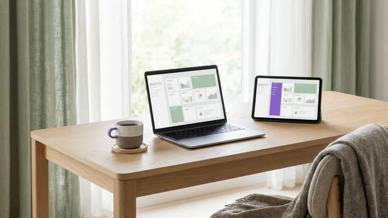Laptop und Tablet mit abstraktem Dashboard und Pipeline-Ansicht, Symbol für Makler-Software und CRM