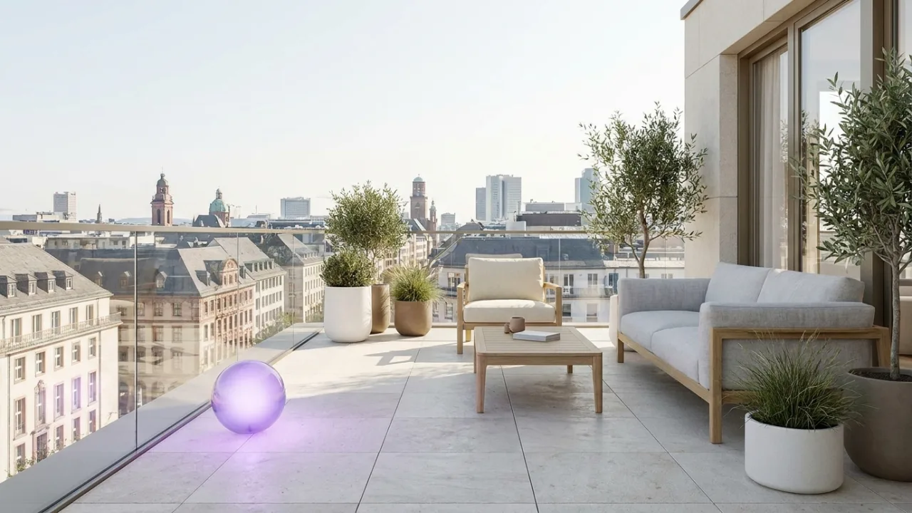 ein Flachdach-Bungalow mit Garten mit schwebendem lila Lichtpunkt, Symbol für KI im Immobilienbüro