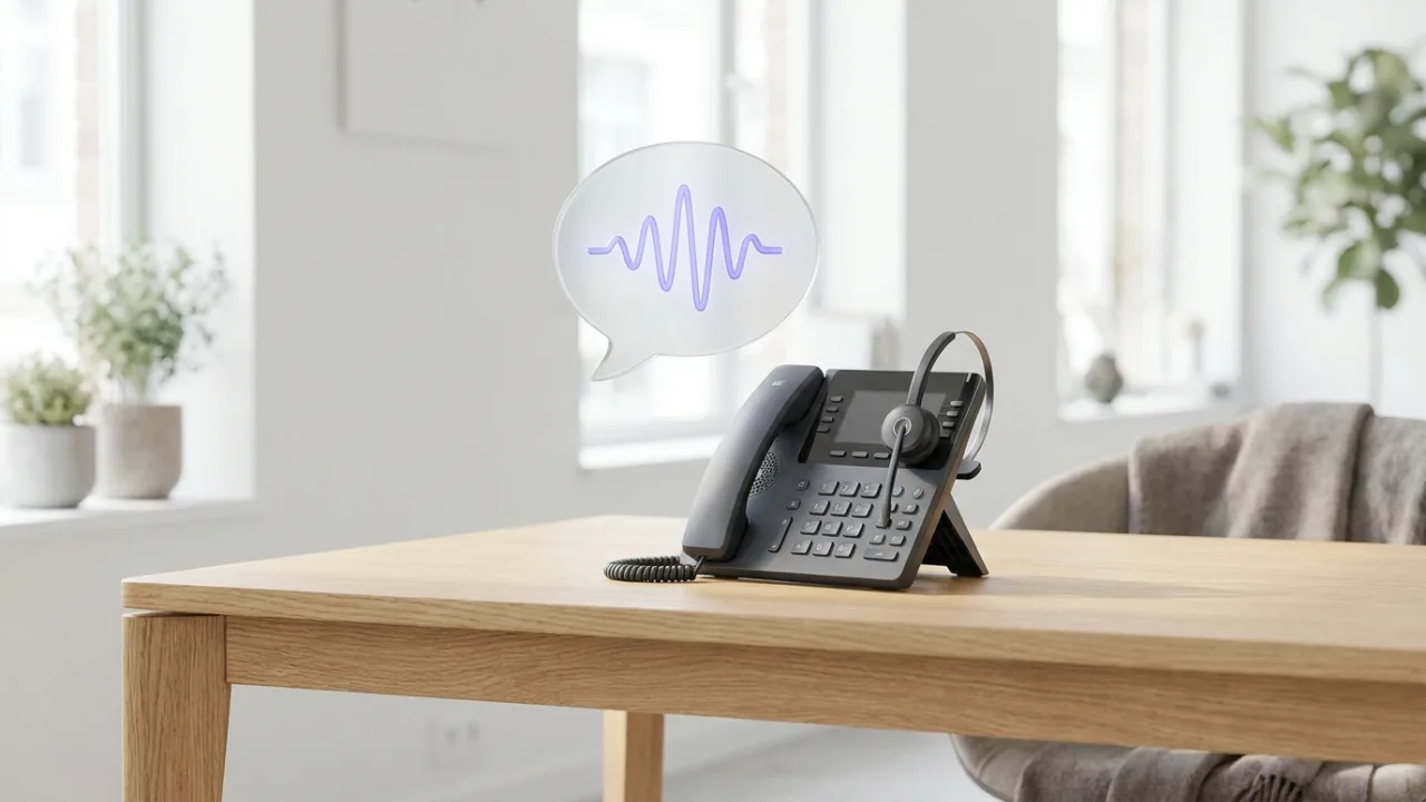 Telefon und Headset auf einem Schreibtisch mit schwebender Sprechblase, Symbol für KI-Telefonassistenz