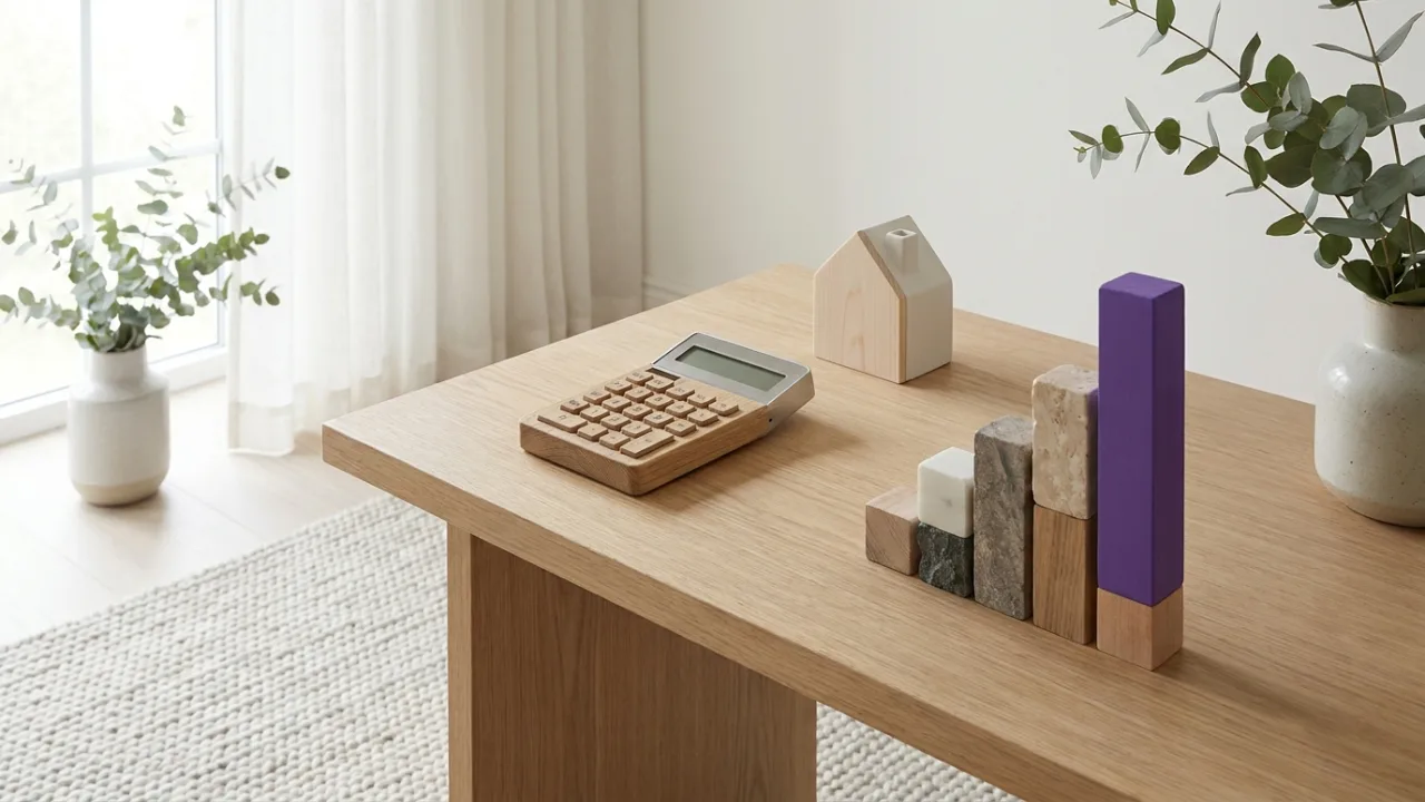 Taschenrechner, Modellhaus und Balkendiagramm, Symbol für Wirtschaftlichkeit im Maklerbüro
