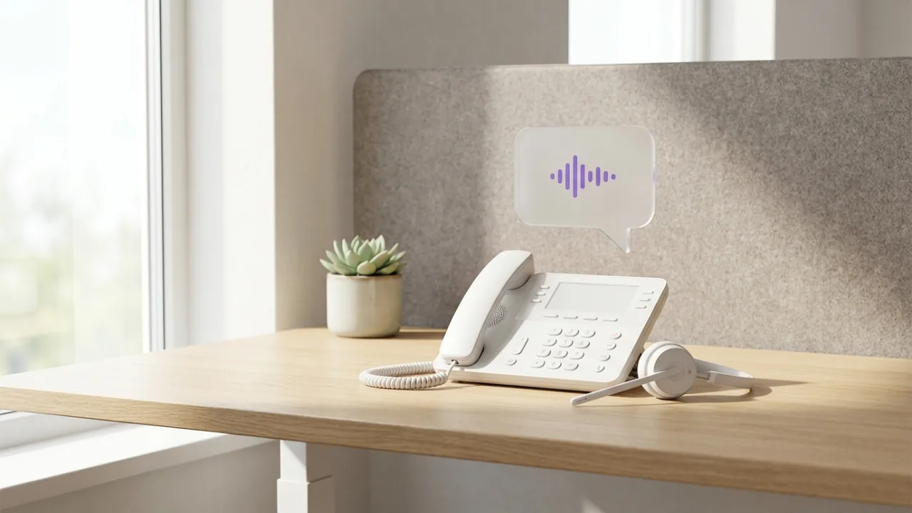Telefon und Headset auf einem Schreibtisch mit schwebender Sprechblase, Symbol für KI-Telefonassistenz