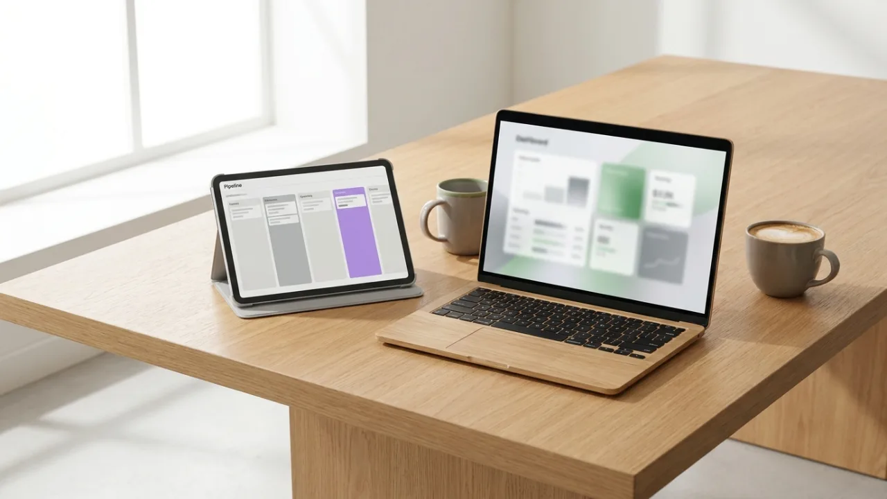 Laptop und Tablet mit abstraktem Dashboard und Pipeline-Ansicht, Symbol für Makler-Software und CRM