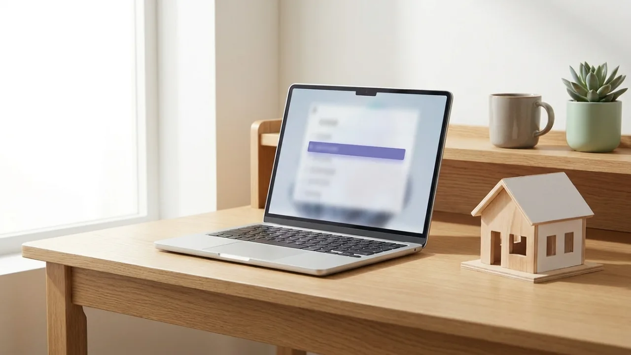 Laptop mit abstrakter Suchergebnisseite und hervorgehobenem Treffer, daneben ein Modellhaus, Symbol für SEO für Immobilienmakler