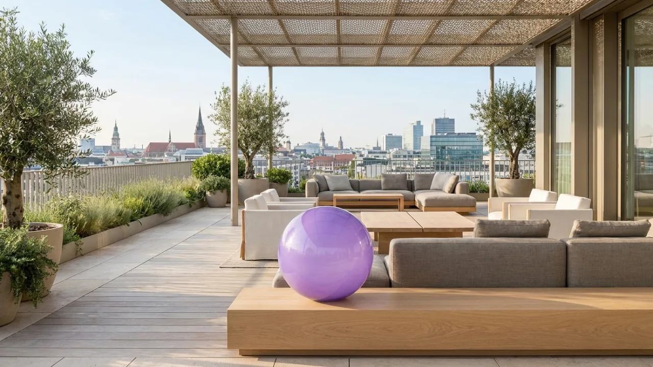 ein Flachdach-Bungalow mit Garten mit schwebendem lila Lichtpunkt, Symbol für KI im Immobilienbüro