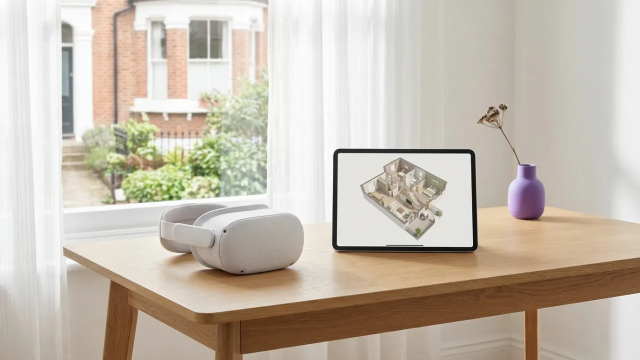 VR-Brille und Tablet mit 3D-Grundriss, Symbol für virtuelle Besichtigungen