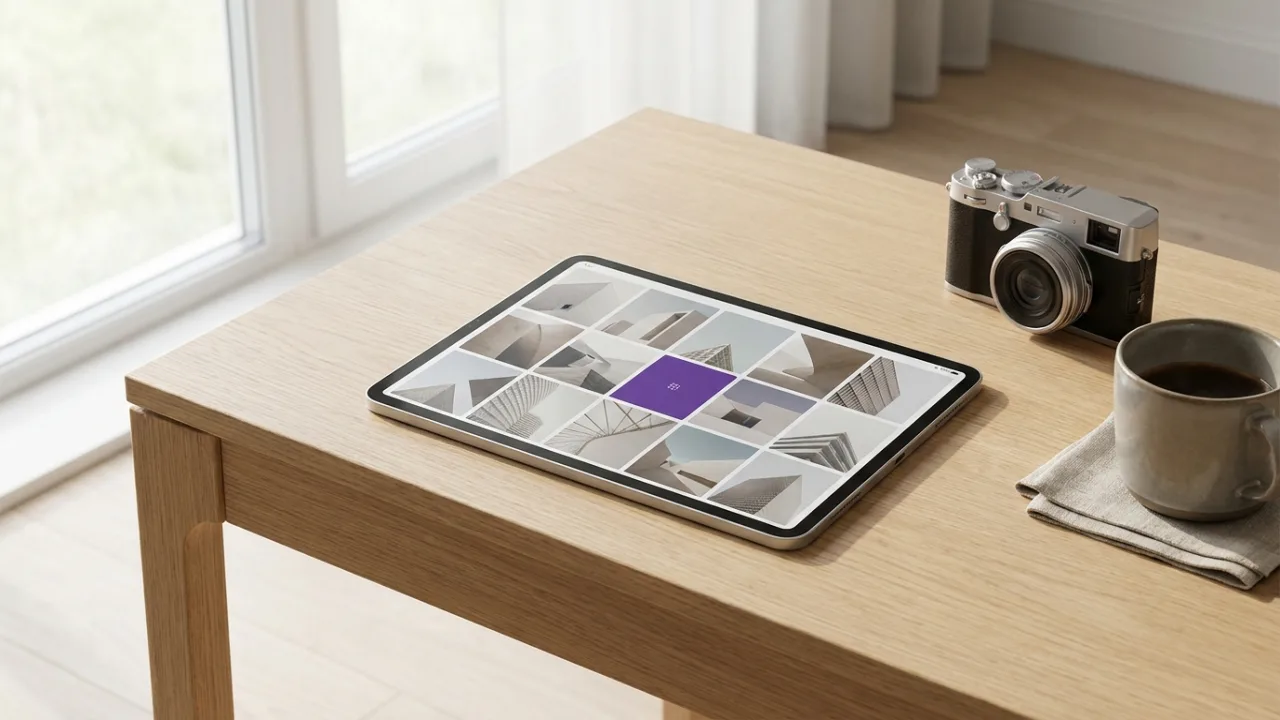 Tablet mit Bildraster von Immobilienfotos, Kamera und Kaffee, Symbol für Immobilienmarketing