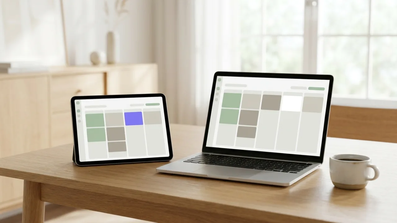 Laptop und Tablet mit abstraktem Dashboard und Pipeline-Ansicht, Symbol für Makler-Software und CRM