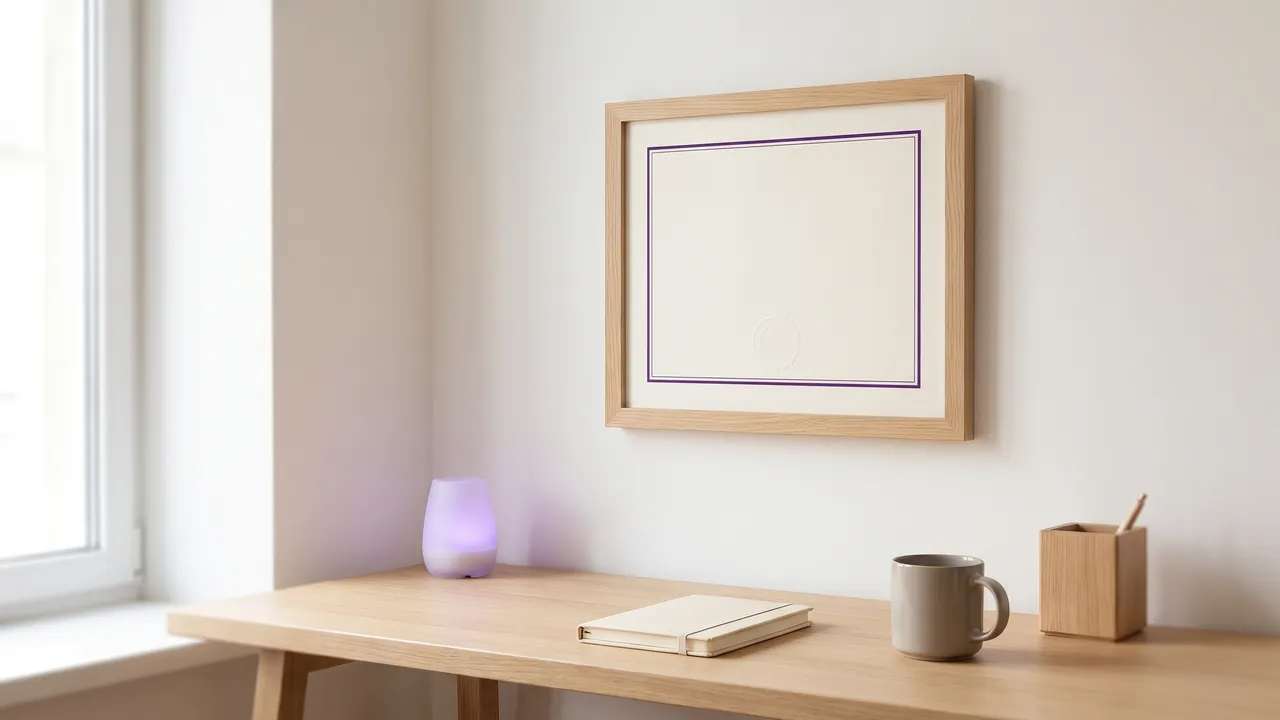 Gerahmte Urkunde mit lila Rand an einer hellen Wand über einem Holztisch, Symbol für die Meisterpflicht