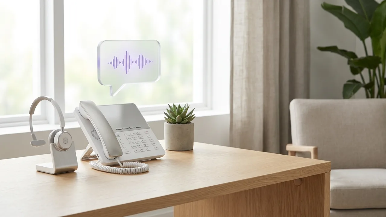 Telefon und Headset auf einem Schreibtisch mit schwebender Sprechblase, Symbol für KI-Telefonassistenz