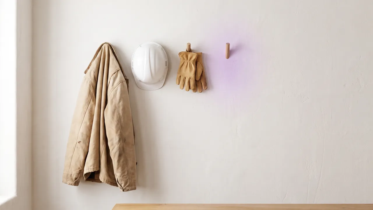 Arbeitsjacke, Helm und Handschuhe an Wandhaken, ein Haken frei mit lila Schimmer, Symbol für die Mitarbeitersuche im Handwerk