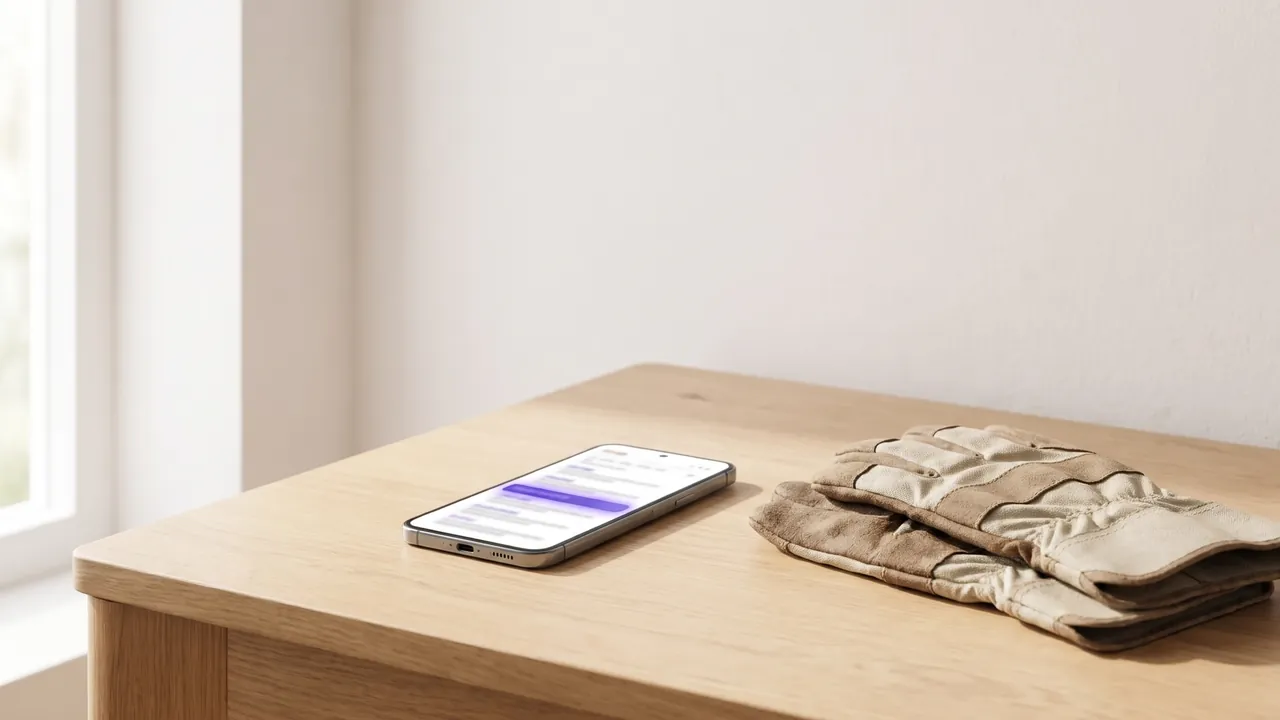 Smartphone mit einer Liste und einem lila hervorgehobenen Eintrag neben Arbeitshandschuhen, Symbol für Alternativen zu MyHammer