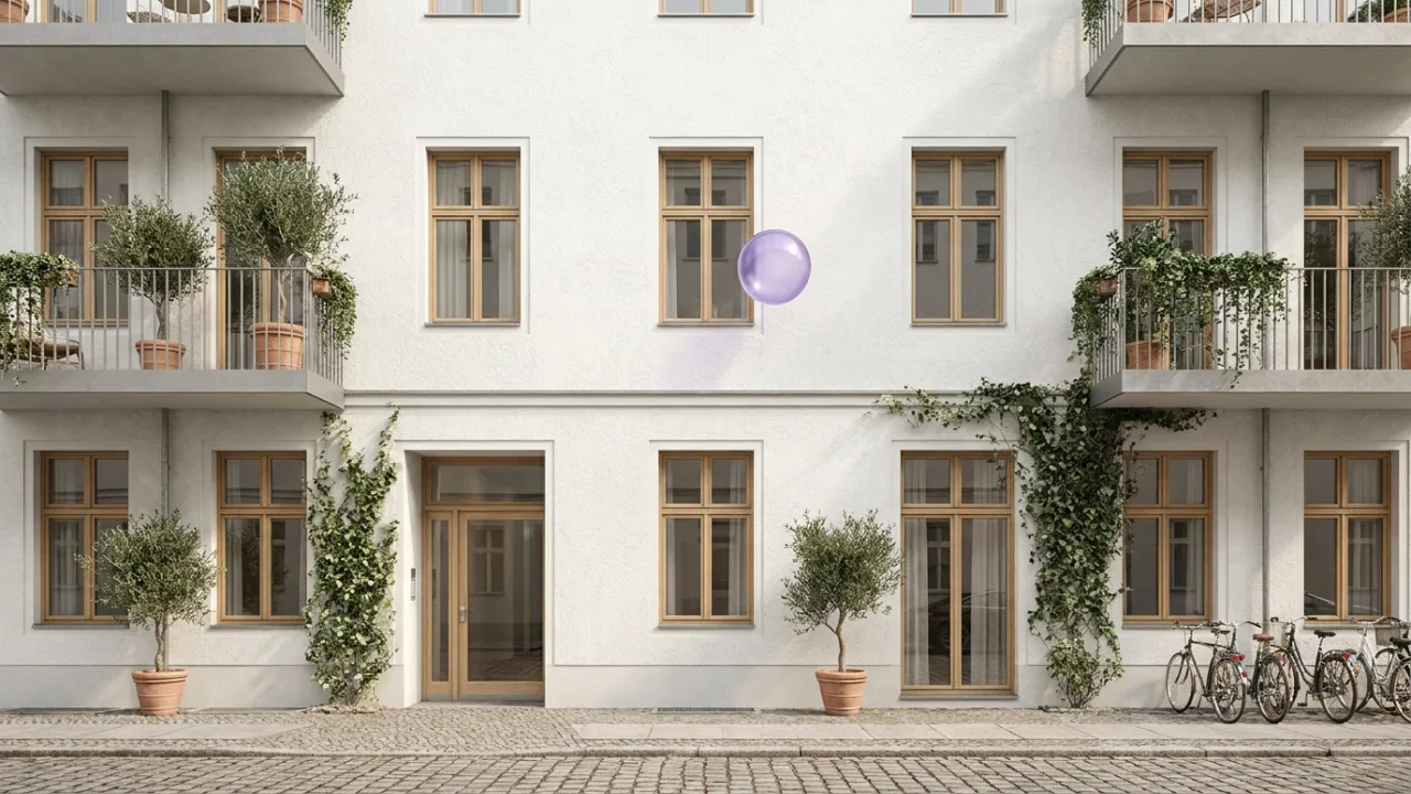 eine Penthouse-Terrasse über einer Stadt mit schwebendem lila Lichtpunkt, Symbol für KI im Immobilienbüro