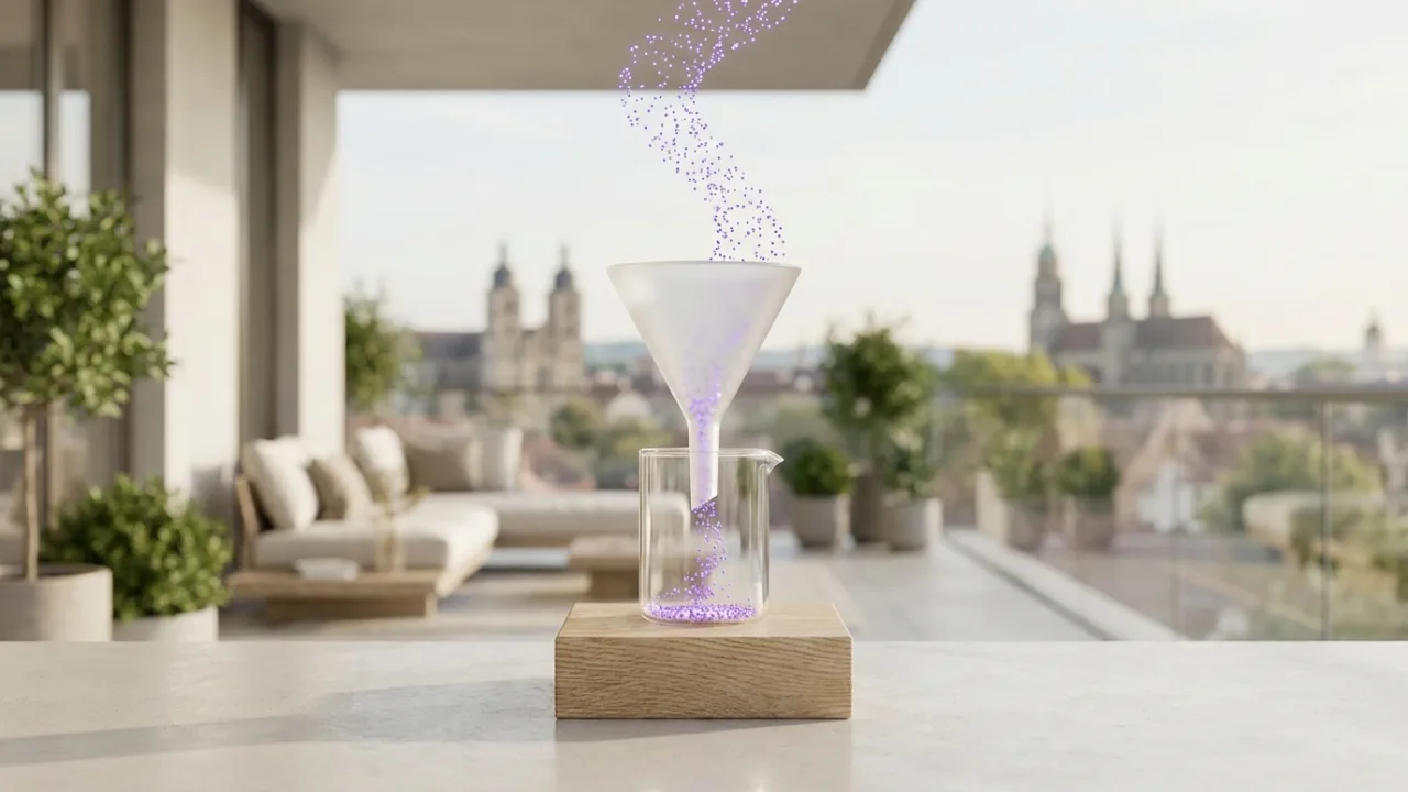Trichter aus Milchglas mit leuchtenden Punkten, Symbol für Lead-Generierung für Immobilienmakler