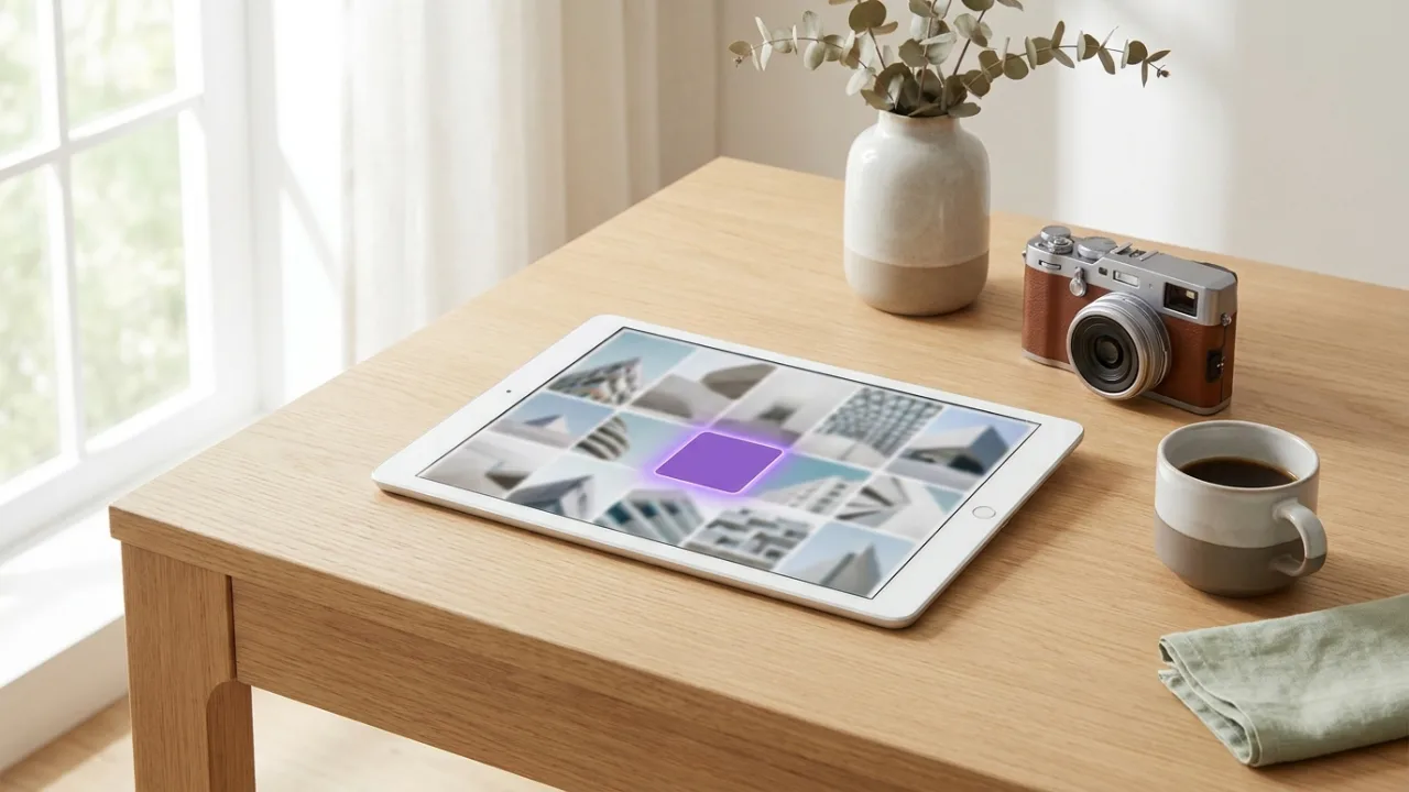 Tablet mit Bildraster von Immobilienfotos, Kamera und Kaffee, Symbol für Immobilienmarketing