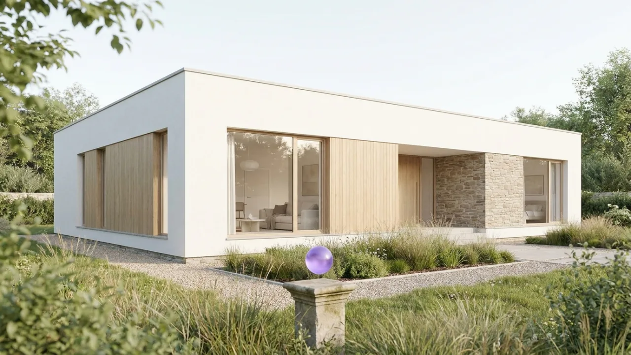 ein saniertes Altbau-Mehrfamilienhaus mit schwebendem lila Lichtpunkt, Symbol für KI im Immobilienbüro