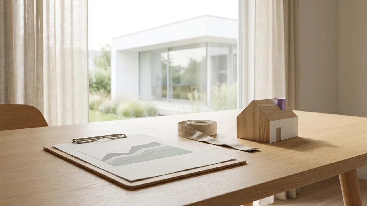 Klemmbrett mit Diagramm, Maßband und Modellhaus auf einem Schreibtisch, Symbol für Immobilienbewertung