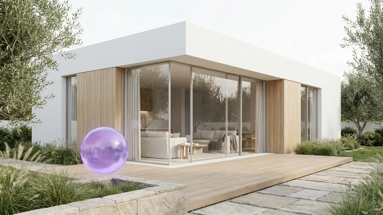eine Villa aus Holz und Glas mit schwebendem lila Lichtpunkt, Symbol für KI im Immobilienbüro