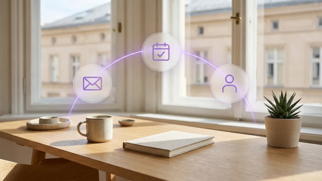 Drei verbundene Milchglas-Symbole für E-Mail, Kalender und Kontakt über einem Schreibtisch, Symbol für Automatisierung im Maklerbüro
