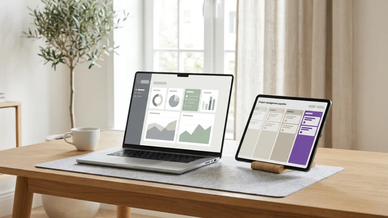 Laptop und Tablet mit abstraktem Dashboard und Pipeline-Ansicht, Symbol für Makler-Software und CRM