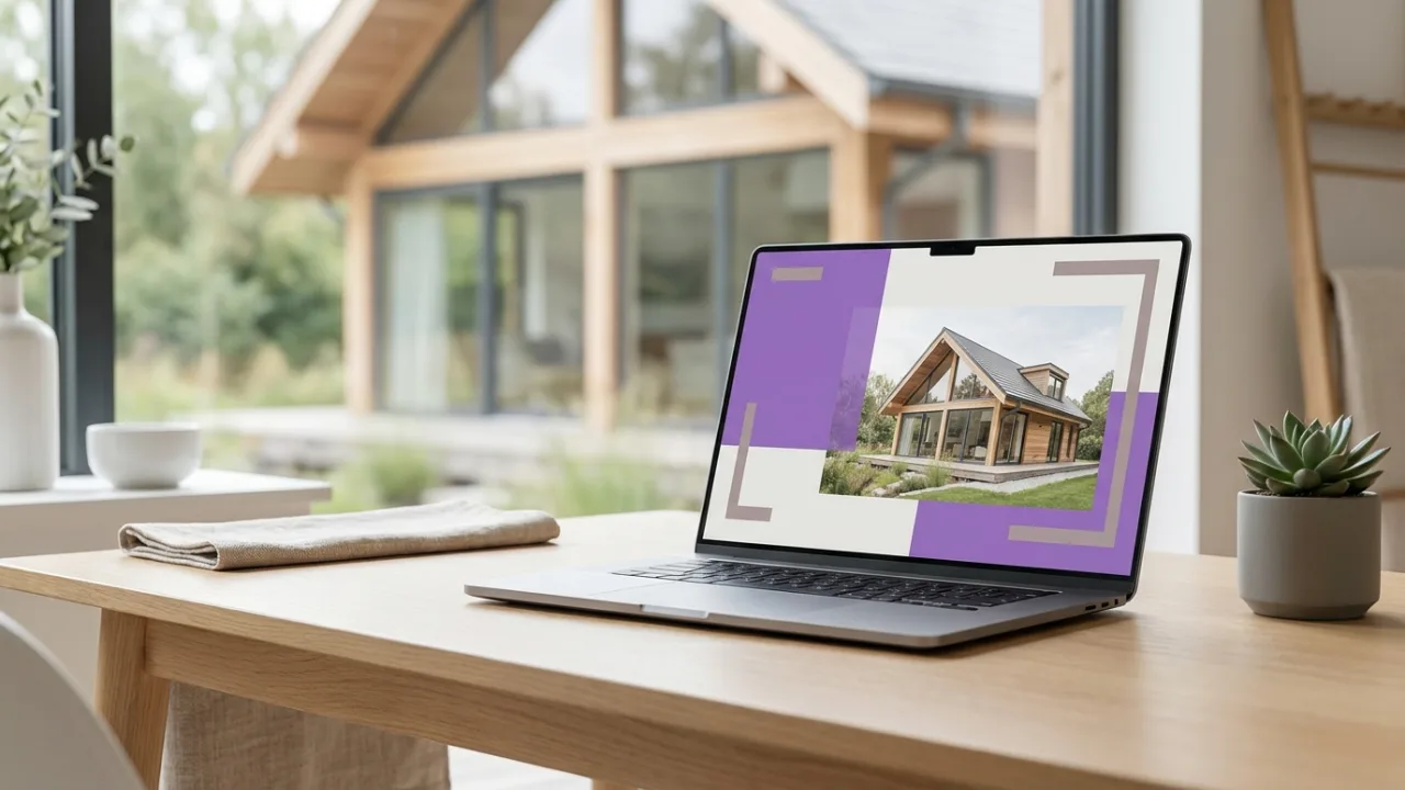 Laptop mit eleganter Immobilien-Website auf einem Schreibtisch, Symbol für Webseiten für Makler