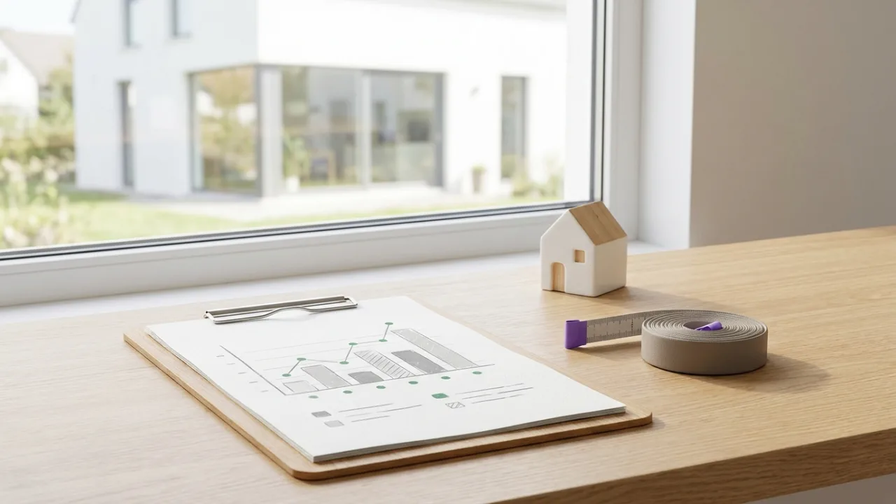 Klemmbrett mit Diagramm, Maßband und Modellhaus auf einem Schreibtisch, Symbol für Immobilienbewertung