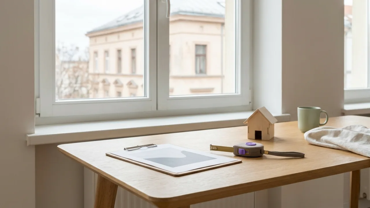 Klemmbrett mit Diagramm, Maßband und Modellhaus auf einem Schreibtisch, Symbol für Immobilienbewertung