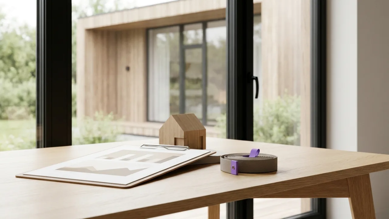 Klemmbrett mit Diagramm, Maßband und Modellhaus auf einem Schreibtisch, Symbol für Immobilienbewertung
