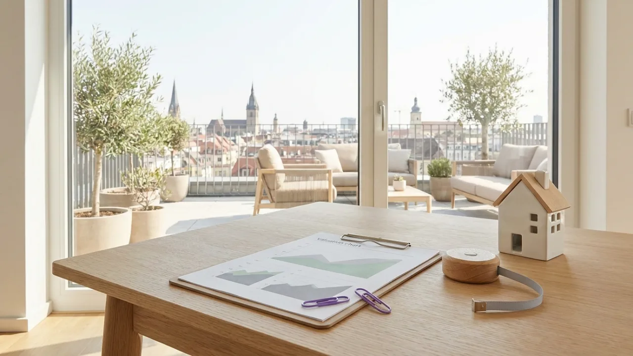 Klemmbrett mit Diagramm, Maßband und Modellhaus auf einem Schreibtisch, Symbol für Immobilienbewertung