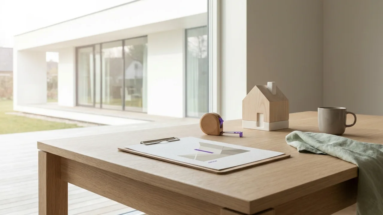 Klemmbrett mit Diagramm, Maßband und Modellhaus auf einem Schreibtisch, Symbol für Immobilienbewertung