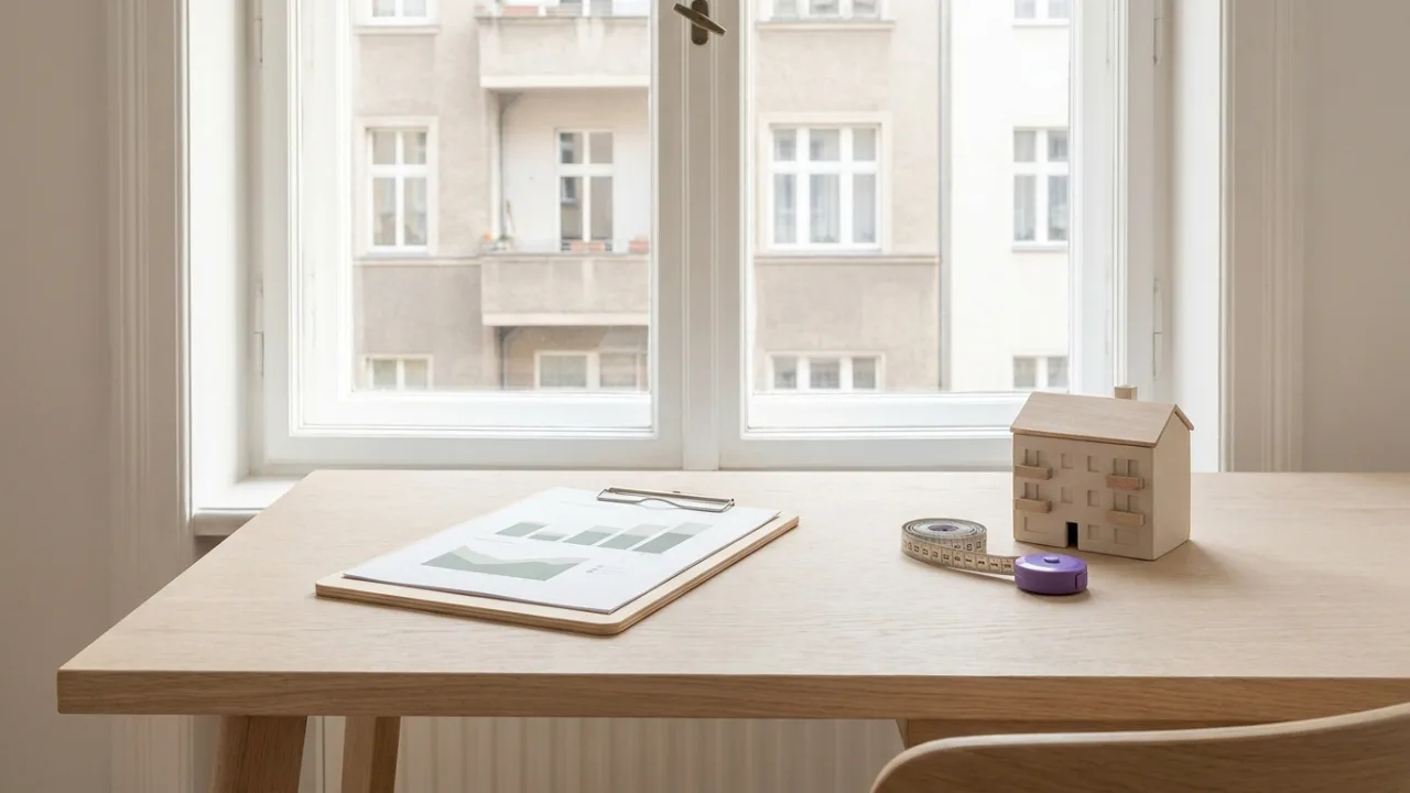Klemmbrett mit Diagramm, Maßband und Modellhaus auf einem Schreibtisch, Symbol für Immobilienbewertung