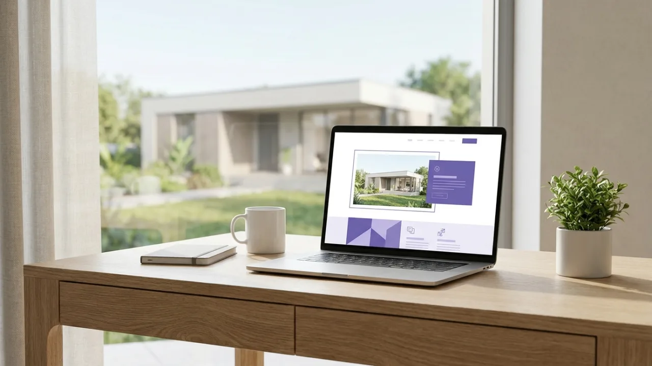 Laptop mit eleganter Immobilien-Website auf einem Schreibtisch, Symbol für Webseiten für Makler