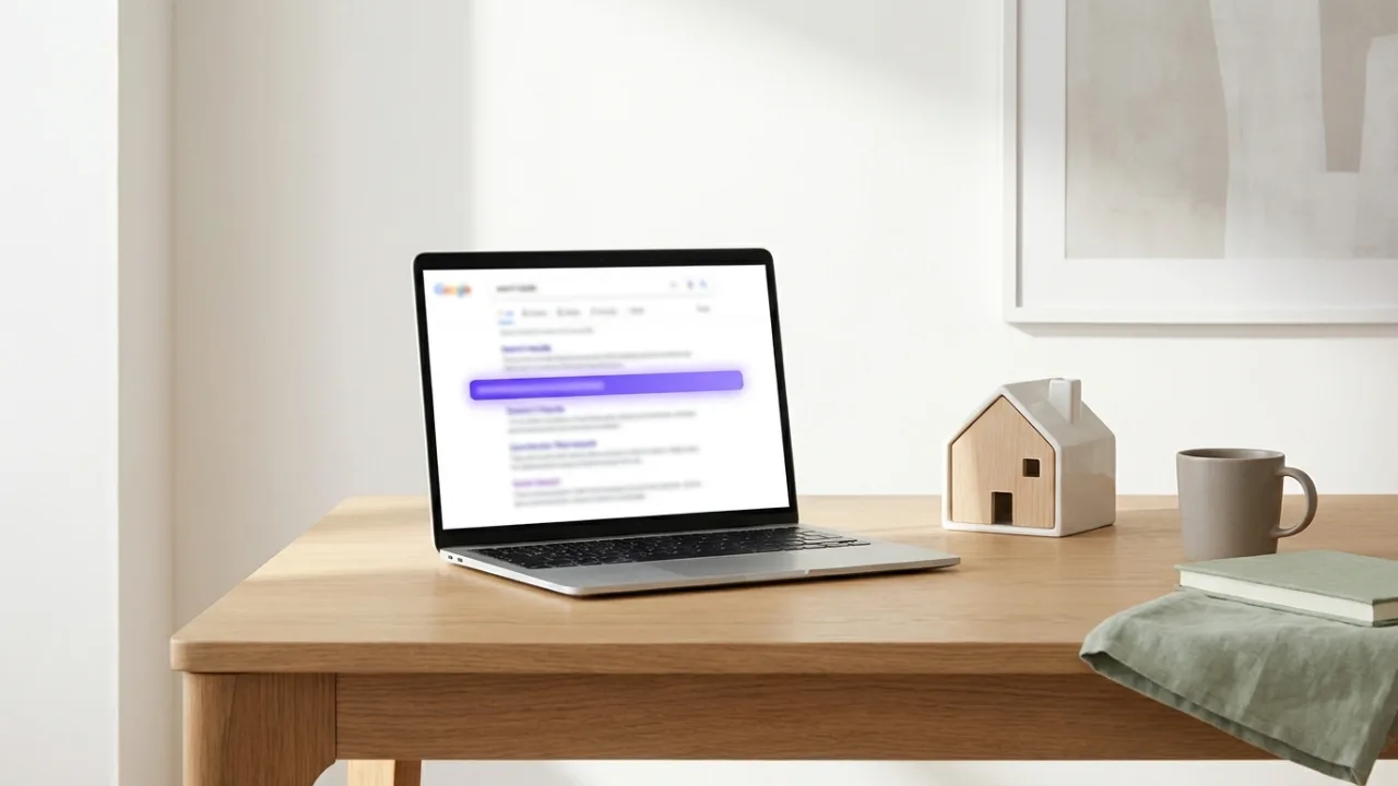 Laptop mit abstrakter Suchergebnisseite und hervorgehobenem Treffer, daneben ein Modellhaus, Symbol für SEO für Immobilienmakler